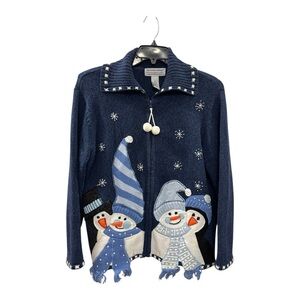 SOLD International M Blue Christmas Sweater Cardigan Snowman Penguin Zip Up